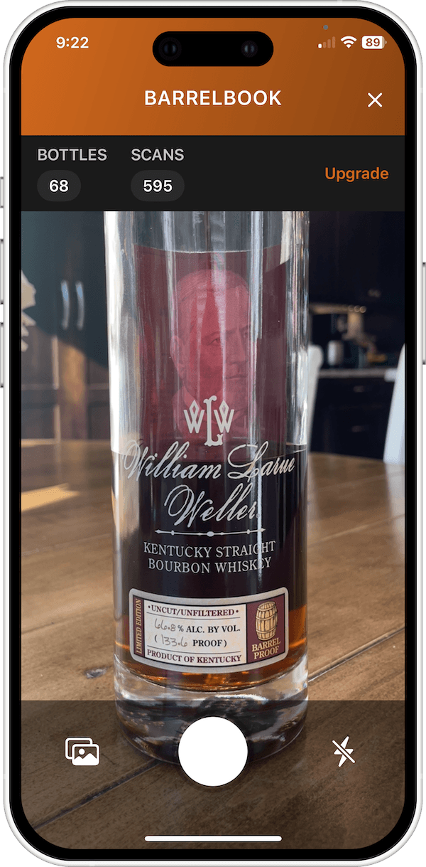 Scanning a collector bourbon bottle with store-pick-relevant details in BarrelBook