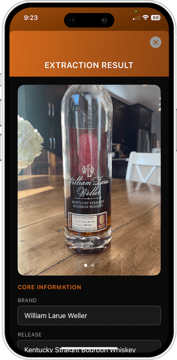 Saving a detailed bourbon bottle record for a collector bottle in BarrelBook