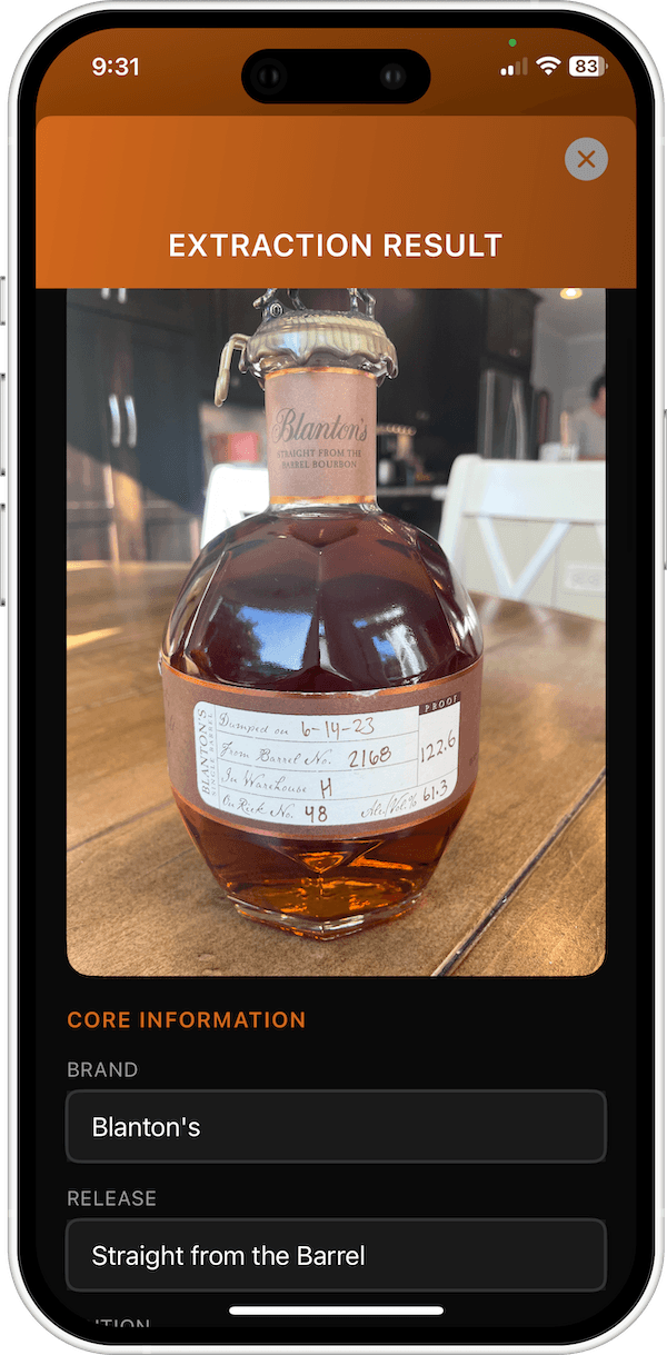 Viewing bottle details and notes inside BarrelBook