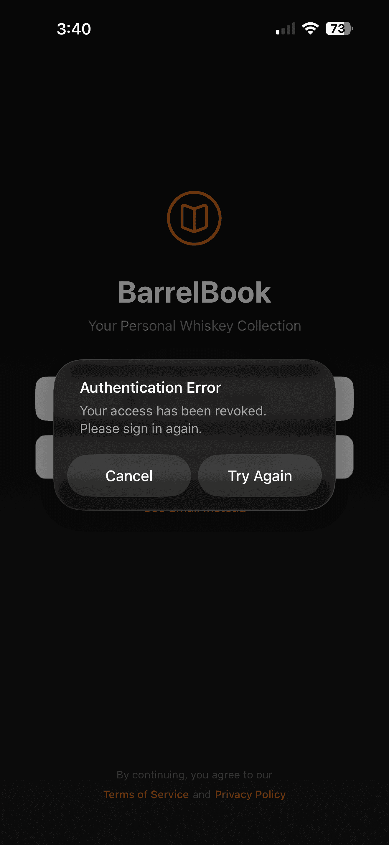 BarrelBook authentication error saying access has been revoked and to sign in again